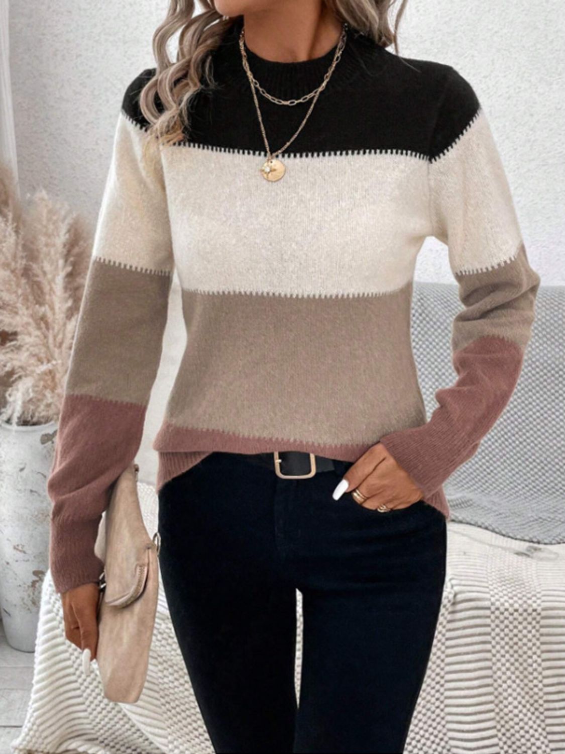 Color Block Mock Neck Long Sleeve Sweater