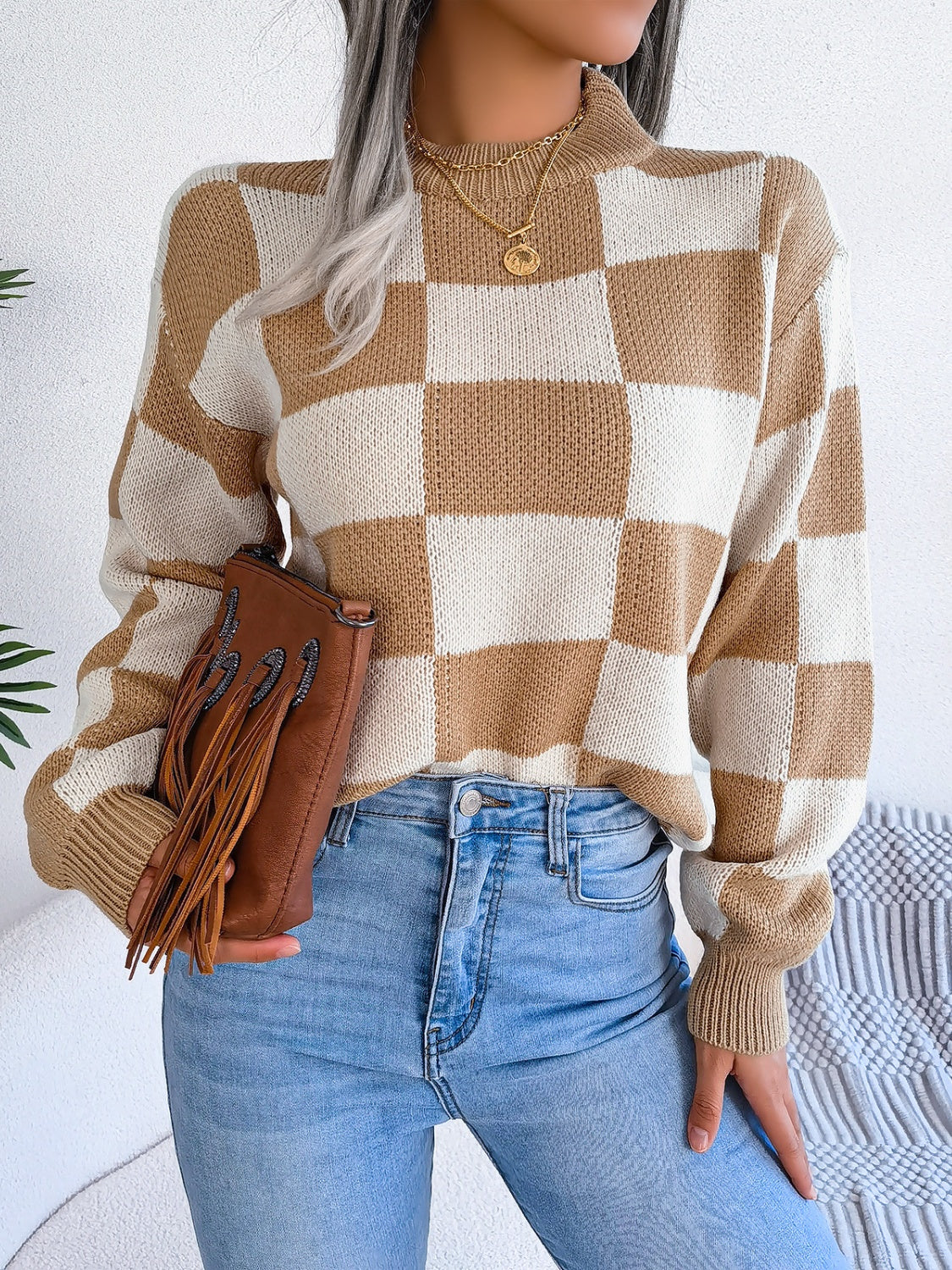 Checkered Mock Neck Long Sleeve Sweater