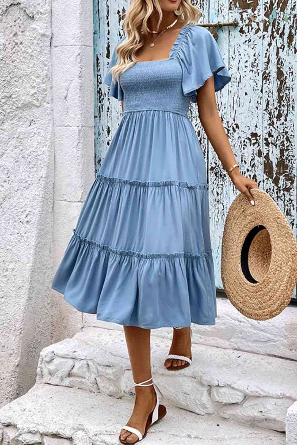 Smocked Square Neck Frill Trim Dress