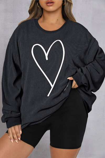 Plus Size Heart Ribbed Round Neck Sweatshirt