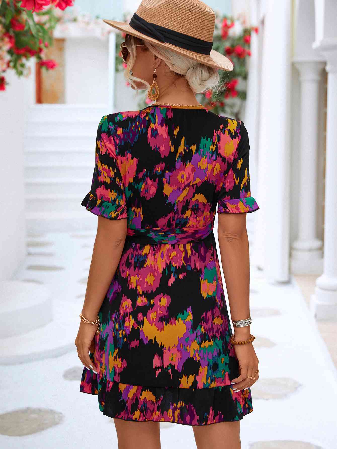 Printed Flounce Sleeve Tied Dress