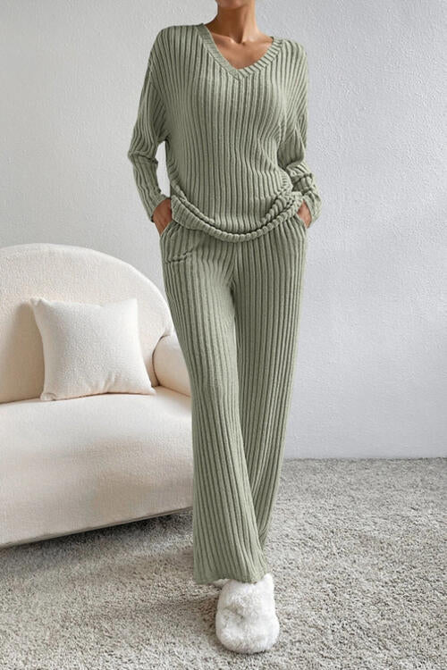 Ribbed V-Neck Top and Pants Set