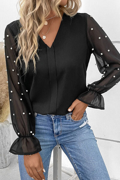 Pearl Detail V-Neck Flounce Sleeve Blouse