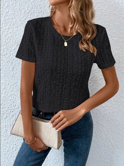 Eyelet Round Neck Short Sleeve T-Shirt