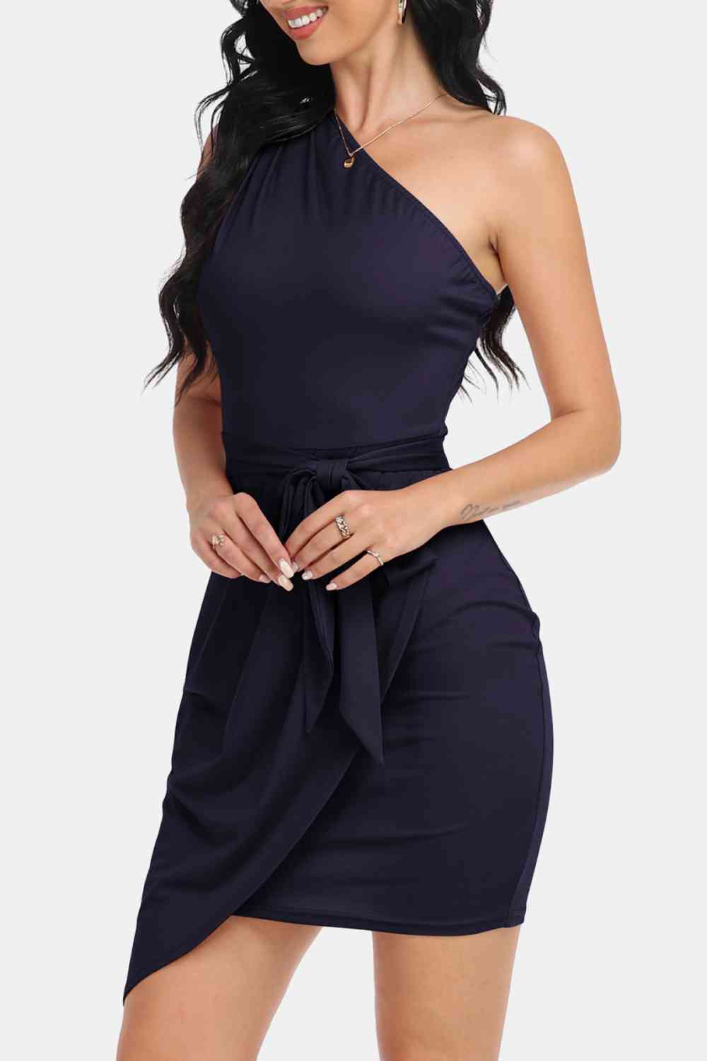 Tie Front One-Shoulder Sleeveless Dress